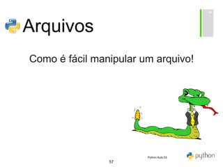 57
Arquivos
Como é fácil manipular um arquivo!
Python Aula 03
 