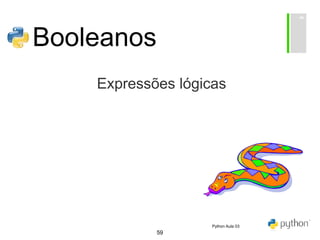 59
Booleanos
Expressões lógicas
Python Aula 03
 