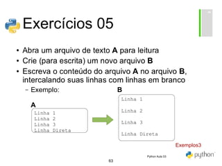 63
Exercícios 05
Exemplos3
Python Aula 03
 