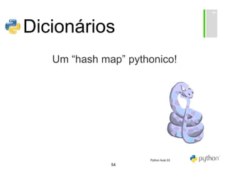 54
Dicionários
Um “hash map” pythonico!
Python Aula 03
 