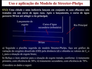 Uso e aplicação do Modelo de Streeter-Phelps
EX2) Uma cidade e uma indústria lançam em conjunto os seus efluentes não
tratados em um curso de água raso. Após o lançamento, o curso de água
percorre 50 km até atingir o rio principal.
Rio PrincipalCurso d’água
secundário (tributário)
Lançamento de
esgoto
50 km
a) Seguindo a planilha sugerida do modelo Streeter-Phelps, faça um gráfico da
variação do oxigênio dissolvido (OD) pela distância (d) e obtenha os valores de Cc e
tc para a situação de esgoto bruto;
b) Refaça o item anterior para a situação de esgoto tratado, conforme: i) tratamento
primário, com eficiência de 30%; ii) tratamento secundário, com eficiência de 70%.
Considere os dados a seguir:
 