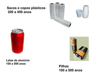Sacos e copos plásticos
200 a 450 anos
Latas de alumínio
100 a 500 anos
Pilhas
100 a 500 anos
 