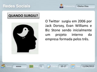Aula: Pág: Data:10 10 a 17 18-jan-122503-BTurma:
Instrutor: Ricardo Paladini Matos
xxxxx 1 10-17 11/04/2015
Elielso Dias
QUANDO SURGIU?
O Twitter surgiu em 2006 por
Jack Dorsey, Evan Williams e
Biz Stone sendo inicialmente
um projeto interno da
empresa formada pelos três.
 