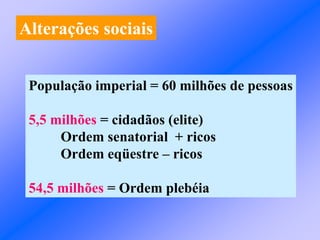 Alterações sociais
População imperial = 60 milhões de pessoas
5,5 milhões = cidadãos (elite)
Ordem senatorial + ricos
Ordem eqüestre – ricos
54,5 milhões = Ordem plebéia
 