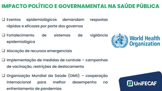 IMPACTO POLÍTICO E GOVERNAMENTAL NA SAÚDE PÚBLICA
❑ Eventos epidemiológicos demandam respostas
rápidas e eficazes por parte dos governos
❑ Fortalecimento de sistemas de vigilância
epidemiológica
❑ Alocação de recursos emergenciais
❑ Implementação de medidas de controle – campanhas
de vacinação, restrições de deslocamento
❑ Organização Mundial da Saúde (OMS) – cooperação
internacional para melhor desempenho no
enfrentamento de pandemias
 