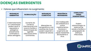 DOENÇAS EMERGENTES
➢ Fatores que influenciam no surgimento:
MUDANÇAS
AMBIENTAIS
O desmatamento
e a urbanização
podem levar à
exposição a
patógenos
previamente
confinados a
áreas selvagens.
GLOBALIZAÇÃO
Aumento do
comércio
internacional e do
turismo facilita a
disseminação de
agentes
infecciosos entre
continentes.
MUDANÇAS
CLIMÁTICAS
Alterações na
temperatura e nos
padrões de chuva
podem expandir o
habitat de vetores
RESISTÊNCIA
MICROBIANA
Uso inadequado
de antibióticos e
outros
medicamentos
favorece o
surgimento de
cepas resistentes
de bactérias e
vírus.
CONFLITOS E
CRISES
HUMANITÁRIAS
Podem
sobrecarregar os
sistemas de
saúde e facilitar a
propagação de
doenças
infecciosas.
 