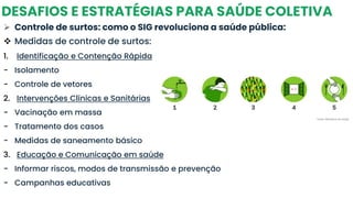 DESAFIOS E ESTRATÉGIAS PARA SAÚDE COLETIVA
➢ Controle de surtos: como o SIG revoluciona a saúde pública:
❖ Medidas de controle de surtos:
1. Identificação e Contenção Rápida
- Isolamento
- Controle de vetores
2. Intervenções Clínicas e Sanitárias
- Vacinação em massa
- Tratamento dos casos
- Medidas de saneamento básico
3. Educação e Comunicação em saúde
- Informar riscos, modos de transmissão e prevenção
- Campanhas educativas
 