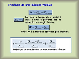 Eficiência de uma máquina térmica
recebido
ent W
Q
U 


No ciclo a temperatura inicial é
igual a final e portanto não há
variação da energia interna.
0

U
frio
quente Q
Q
W 

Onde W é o trabalho efetuado pela máquina.
Definição do rendimento de uma máquina térmica.
quente
frio
quente
frio
quente
quente Q
Q
Q
Q
Q
Q
W




 1

 