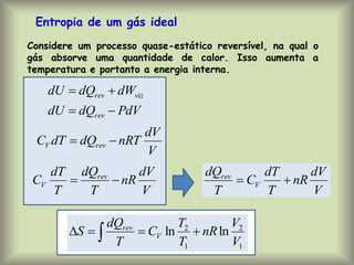 Entropia de um gás ideal
PdV
dQ
dU
dW
dQ
dU
rev
viz
rev




Considere um processo quase-estático reversível, na qual o
gás absorve uma quantidade de calor. Isso aumenta a
temperatura e portanto a energia interna.
V
dV
nRT
dQ
dT
C rev
V 

V
dV
nR
T
dQ
T
dT
C rev
V 

V
dV
nR
T
dT
C
T
dQ
V
rev


1
2
1
2
ln
ln
V
V
nR
T
T
C
T
dQ
S V
rev



 
 