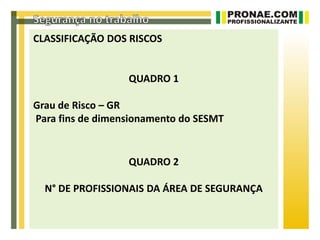 CLASSIFICAÇÃO DOS RISCOS


                  QUADRO 1

Grau de Risco – GR
Para fins de dimensionamento do SESMT


                  QUADRO 2

  N° DE PROFISSIONAIS DA ÁREA DE SEGURANÇA
 