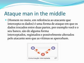 Ataque man in the middle
 (Homem no meio, em referência ao atacante que
intercepta os dados) é uma forma de ataque em que os
dados trocados entre duas partes, por exemplo você e o
seu banco, são de alguma forma interceptados,
registados e possivelmente alterados pelo atacante sem
que as vitimas se apercebam.
 