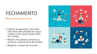 FECHAMENTO
• Explicar ao paciente o que fazer
caso tenha dificuldades em seguir
o plano e com quem pode entrar
em contato
• Marcar uma próxima consulta ou
combinar outras formas de contato
• Registrar o tempo da consulta
 