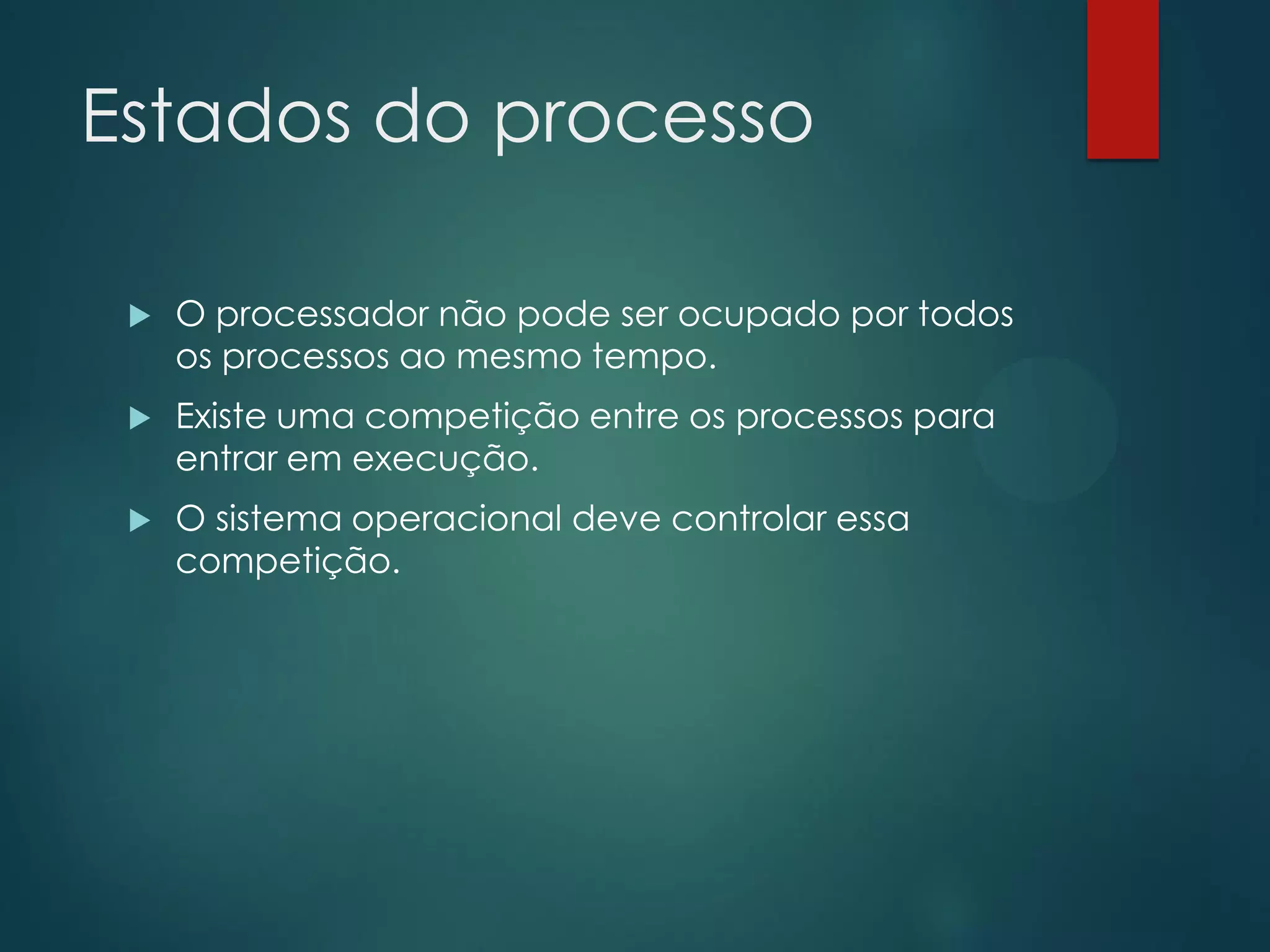 Estados do processo


O processador não pode ser ocupado por todos
os processos ao mesmo tempo.



Existe uma competição entre os processos para
entrar em execução.



O sistema operacional deve controlar essa
competição.

 