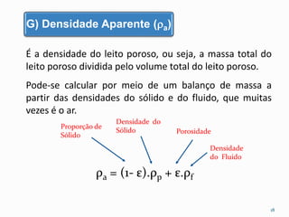 É a densidade do leito poroso, ou seja, a massa total do
leito poroso dividida pelo volume total do leito poroso.
Proporção de
Sólido
Densidade do
Sólido Porosidade
Densidade
do Fluido
G) Densidade Aparente (a)
18
Pode-se calcular por meio de um balanço de massa a
partir das densidades do sólido e do fluido, que muitas
vezes é o ar.
ρa = (1- ε).ρp + ε.ρf
 