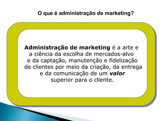O que é administração de marketing?




Administração de marketing é a arte e
  a ciência da escolha de mercados-alvo
 e da captação, manutenção e fidelização
de clientes por meio da criação, da entrega
      e da comunicação de um valor
          superior para o cliente.
 