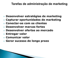 Tarefas de administração de marketing



   Desenvolver estratégias de marketing
   Capturar oportunidades de marketing
   Conectar-se com os clientes
   Desenvolver marcas fortes
   Desenvolver ofertas ao mercado
   Entregar valor
   Comunicar valor
   Gerar sucesso de longo prazo
 
