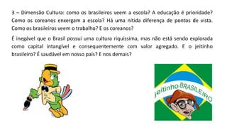 3 – Dimensão Cultura: como os brasileiros veem a escola? A educação é prioridade?
Como os coreanos enxergam a escola? Há uma nítida diferença de pontos de vista.
Como os brasileiros veem o trabalho? E os coreanos?
É inegável que o Brasil possui uma cultura riquíssima, mas não está sendo explorada
como capital intangível e consequentemente com valor agregado. E o jeitinho
brasileiro? É saudável em nosso país? E nos demais?
 