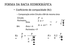 FORMA DA BACIA HIDROGRÁFICA
• Coeficiente de compacidade (Kc):
– Comparação entre Círculo e BH de mesma área
Círculo:
Perímetro
𝑃′ =
2 𝜋 𝑟
𝐴 = 𝜋𝑟2
Área  𝑟
=
�
�
�
�
BH: Área = A
Perímetro = P
Kc
=
P
P
´
=
P
2
π
�
�
�
𝐾𝑐
=
0,2
8
P
�
�
 