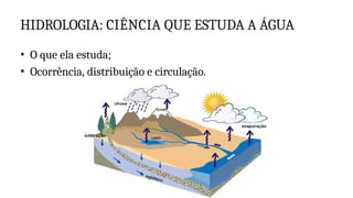 HIDROLOGIA: CIÊNCIA QUE ESTUDA A ÁGUA
• O que ela estuda;
• Ocorrência, distribuição e circulação.
 