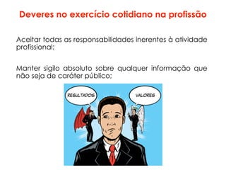Deveres no exercício cotidiano na profissão
Aceitar todas as responsabilidades inerentes à atividade
profissional;
Manter sigilo absoluto sobre qualquer informação que
não seja de caráter público;
 