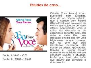 Estudos de caso...
Cláudio (Tony Ramos) é um
publicitário bem sucedido,
dono de sua própria agência,
que é casado com Helena
(Glória Pires), uma professora de
música que cuida de um coral
infantil. Acostumados com a
rotina do dia-a-dia e do
casamento de tantos anos, eles
volta e meia têm uma
discussão. Um dia eles têm uma
briga maior do que o normal,
que faz com que algo
inexplicável aconteça: eles
trocam de corpos. Apavorados,
Cláudio e Helena tentam
aparentar normalidade até que
consigam reverter a situação.
Porém para tanto eles terão
que assumir por completo a
vida do outro.
Trecho 1: 39:00 - 40:00
Trecho 2: 1:23:00 – 1:25:40
 