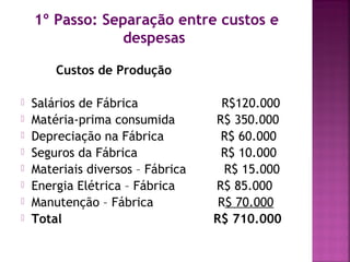 1º Passo: Separação entre custos e
                 despesas

        Custos de Produção

   Salários de Fábrica              R$120.000
   Matéria-prima consumida        R$ 350.000
   Depreciação na Fábrica          R$ 60.000
   Seguros da Fábrica              R$ 10.000
   Materiais diversos – Fábrica     R$ 15.000
   Energia Elétrica – Fábrica     R$ 85.000
   Manutenção – Fábrica            R$ 70.000
   Total                          R$ 710.000
 