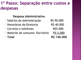 1º Passo: Separação entre custos e
despesas
          Despesa Administrativa
     Salários da Administração      R$ 90.000
     Honorários da Diretoria         R$ 40.000
     Correios e telefones             R$5.000
     Material de consumo- Escritório R$ 5.000
     Total                           R$ 140.000
 