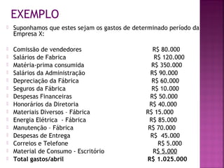 EXEMPLO
 Suponhamos que estes sejam os gastos de determinado período da
Empresa X:
 Comissão de vendedores R$ 80.000
 Salários de Fabrica R$ 120.000
 Matéria-prima consumida R$ 350.000
 Salários da Administração R$ 90.000
 Depreciação da Fábrica R$ 60.000
 Seguros da Fábrica R$ 10.000
 Despesas Financeiras R$ 50.000
 Honorários da Diretoria R$ 40.000
 Materiais Diversos – Fábrica R$ 15.000
 Energia Elétrica - Fábrica R$ 85.000
 Manutenção – Fábrica R$ 70.000
 Despesas de Entrega R$ 45.000
 Correios e Telefone R$ 5.000
 Material de Consumo - Escritório R$ 5.000
 Total gastos/abril R$ 1.025.000
 