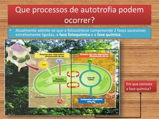 Que processos de autotrofia podem
ocorrer?
• Atualmente admite-se que a fotossíntese compreende 2 fases sucessivas
estreitamente ligadas, a fase fotoquímica e a fase química.
Em que consiste
a fase química?
 