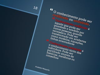 18
                     O co n
                        codi hecim
                            ficad ento
                                          p
                         Conh o ou emb ode ser
                         aque ecimen       ebid
                         g
                        guard le q   to c
                                   ue p codifi
                                               o.
                       outra ado e ode se cado é
                      nece s pessoacedido r
                     trans ssário. Pas, quan por
                    com formad ode ser do
                   linhao model o em ar
                          s or i    o        te
                 Co n h         enta s, equaç factos
                                     dora
                  o con ecimen             s ões,
                 indiv hecime to emb
                 parti íduos. P nto táci ebido é
                histó lhado a ode ser to dos
                cons rias, metravés d
                     el ho                e
                           s táforas o
                                          u

 Anab
     e   la M
             esqu
                  ita
 