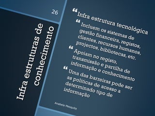 26                Infra e
                                                strut
                                         Inclue ura tecn
                                                               ológ
                     de
                                                m os
                                         gest                       ica

                 e nto
                                              ão fi   siste
                                                  nanc      ma  a
                                       clien
                                              t          eira, s de
                                      proje es, recur
              tura s
                                                               regis
                                             ctos,       s os h       tos,
                                                  bibli        uma
           ec im
                                     Apoi                otec         nos,
                                           a                   as, e
                                    trans m no reg                   tc.
                                          m            i
                                   infor issão e sto,
       e stru



                                         maçã         parti
                                               oec         lh a d
     c onh


                                  Uma                 onhe         e
                                        d                   cime
                                 as po as barre                    nto
                                       lítica       iras p
                                dete
                                      rmin s de aces ode ser
In fra




                               infor        a             s
                                     maçã do tipo d o a
                                            o            e
                      Anab
                          e   la M
                                  esqu
                                       ita
 