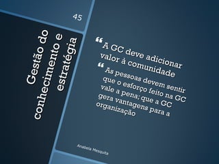 45


                    o           A GC
                   e
              ão d

            t égi a
            e nt o               valor deve ad
                                      à com iciona
                                 As pe             r
       Ges t

                                           unid
      e stra
                                                ade
     e ci m

                                   q ue ss   oas d
                                        o es f      evem
                                  vale         orço      senti
                                        a pe        f         r
                                 gera        na; q eito na G
                                                   ue a
con h




                                       vanta                 C
                                orga                    GC
                                      nizaç gens par
                                           ão           aa



                    Anab
                        e   la M
                                esqu
                                     ita
 