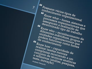 7      Possu
             conh em vár
                     ecim       io
                          ento s tipos d
                 Know              orga        e
               proc what –              nizac
                       esso        fonte        io n a
              asse          s org        s, sis       l
             dete guram a anizac temas
                     rmin                   io
           Know           ado realizaçã nais qu e
                                 tipo                   e
          difer       who              de tro de
                            –                abal
         unid entes in reconhe                      ho
        pode       ades       divíd cime
       de c         m fu organiz uos, gru nto de
               onhe ncionar acionai pos e
    Know              cime
                              nto
                                    co m s q ue
                                        o f on
    reali         how                           tes
   co m      zar t – capa
  conj      plex arefas m cidade
 e ref     unto as recor entais de
teste     lexiv de técn rendo a
         , inovas (anál icas ana um
Anab                ação ise, p líticas
    e la M
           esqu          )           esqu
                ita
                                          isa,
 