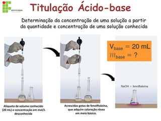 Titulação Ácido-base
Determinação da concentração de uma solução a partir
da quantidade e concentração de uma solução conhecida
Alíquota de volume conhecido
(20 mL) e concentração em mol/L
desconhecida
Acrescidas gotas de fenolftaleína,
que adquire coloração rósea
em meio básico.
 