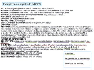 Exemplo de um registro do INSPECMateriaisPropriedades e fenômenosTécnicas de análise