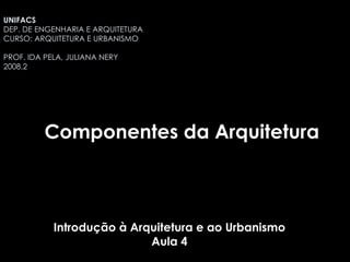 Introdução à Arquitetura e ao Urbanismo Aula 4 Componentes da Arquitetura UNIFACS  DEP. DE ENGENHARIA E ARQUITETURA CURSO: ARQUITETURA E URBANISMO PROF. IDA PELA, JULIANA NERY 2008.2 
