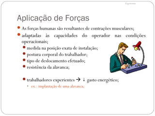 Aplicação de Forças
As forças humanas são resultantes de contrações musculares;
adaptadas às capacidades do operador nas condições
operacionais;
medida na posição exata de instalação;
postura corporal do trabalhador;
tipo de deslocamento efetuado;
resistência da alavanca;
trabalhadores experientes  gasto energético;↓
• ex.: implantação de uma alavanca;
Ergonomia
 