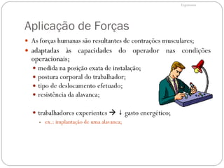 Aplicação de Forças As forças humanas são resultantes de contrações musculares; adaptadas às capacidades do operador nas condições operacionais; medida na posição exata de instalação; postura corporal do trabalhador; tipo de deslocamento efetuado; resistência da alavanca;  trabalhadores experientes     ↓ gasto energético; ex.: implantação de uma alavanca; Ergonomia 