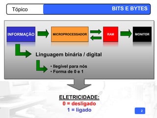 Tópico                                      BITS E BYTES



INFORMAÇÃO          MICROPROCESSADOR       RAM      MONITOR




             Linguagem binária / digital

                   • Ilegível para nós
                   • Forma de 0 e 1




                       ELETRICIDADE:
                        0 = desligado
                          1 = ligado                  2
 