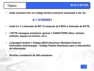 Tópico                                                BITS E BYTES

•    Cada caractere tem um código binário exclusivo associado a ele. Ex:


                         A = 01000001
•    Cada 0 e 1 é chamado de BIT. O conjunto de 8 BITs é chamado de BYTE;

•    1 BYTE consegue armazenar apenas 1 CARACTERE (letra, número,
     símbolo, espaço em branco, etc.);

•    Linguagem binária = Código ASCII (American Standard Code for
     Information Interchange) – Código Padrão Americano para o Intercâmbio
     de Informação;

•    Permite a existência de 256 caracteres.



                                                                      3
 