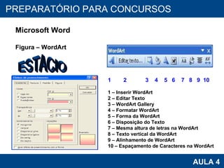 PROAB 2010 AULA 4 PREPARATÓRIO PARA CONCURSOS Microsoft Word Figura – WordArt ESTACIO 1  2  3  4  5  6  7  8  9  10 1 – Inserir WordArt 2 – Editar Texto 3 – WordArt Gallery 4 – Formatar WordArt 5 – Forma da WordArt 6 – Disposição do Texto 7 – Mesma altura de letras na WordArt 8 – Texto vertical da WordArt 9 – Alinhamento de WordArt 10 – Espaçamento de Caracteres na WordArt 