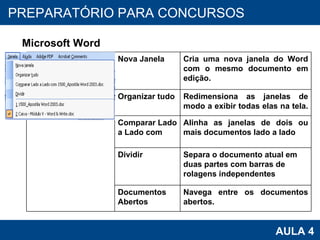 PROAB 2010 AULA 4 PREPARATÓRIO PARA CONCURSOS Microsoft Word Nova Janela Cria uma nova janela do Word com o mesmo documento em edição. Organizar tudo Redimensiona as janelas de modo a exibir todas elas na tela.  Comparar Lado a Lado com Alinha as janelas de dois ou mais documentos lado a lado Dividir Separa o documento atual em duas partes com barras de rolagens independentes Documentos Abertos Navega entre os documentos abertos. 