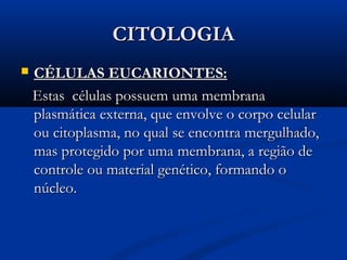 CITOLOGIACITOLOGIA
 CÉLULAS EUCARIONTES:CÉLULAS EUCARIONTES:
Estas células possuem uma membranaEstas células possuem uma membrana
plasmática externa, que envolve o corpo celularplasmática externa, que envolve o corpo celular
ou citoplasma, no qual se encontra mergulhado,ou citoplasma, no qual se encontra mergulhado,
mas protegido por uma membrana, a região demas protegido por uma membrana, a região de
controle ou material genético, formando ocontrole ou material genético, formando o
núcleo.núcleo.
 