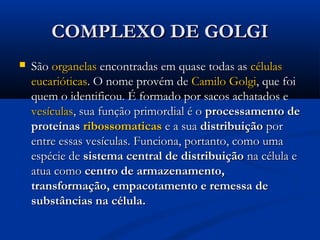COMPLEXO DE GOLGICOMPLEXO DE GOLGI
 SãoSão organelasorganelas encontradas em quase todas asencontradas em quase todas as célulascélulas
eucarióticaseucarióticas. O nome provém de. O nome provém de Camilo GolgiCamilo Golgi, que foi, que foi
quem o identificou. É formado por sacos achatados equem o identificou. É formado por sacos achatados e
vesículasvesículas, sua função primordial é o, sua função primordial é o processamento deprocessamento de
proteínasproteínas ribossomaticasribossomaticas e a suae a sua distribuiçãodistribuição porpor
entre essas vesículas. Funciona, portanto, como umaentre essas vesículas. Funciona, portanto, como uma
espécie deespécie de sistema central de distribuiçãosistema central de distribuição na célula ena célula e
atua comoatua como centro de armazenamento,centro de armazenamento,
transformação, empacotamento e remessa detransformação, empacotamento e remessa de
substâncias na célula.substâncias na célula.
 