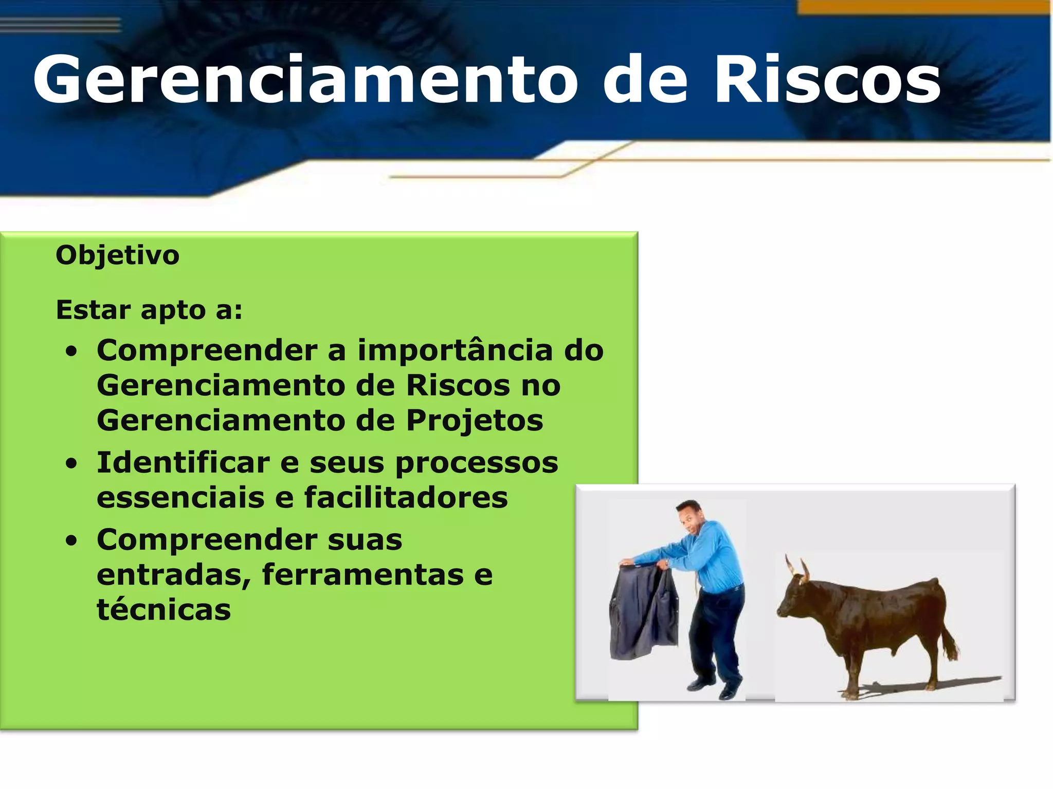 Gerenciamento de Riscos

Objetivo

Estar apto a:
• Compreender a importância do
  Gerenciamento de Riscos no
  Gerenciamento de Projetos
• Identificar e seus processos
  essenciais e facilitadores
• Compreender suas
  entradas, ferramentas e
  técnicas
 