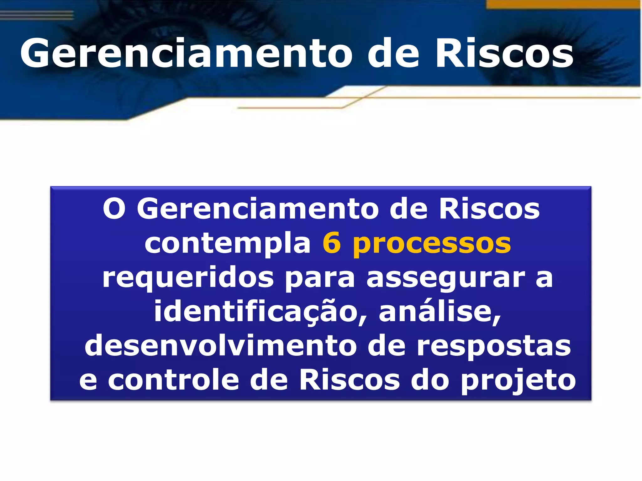 Gerenciamento de Riscos


   O Gerenciamento de Riscos
      contempla 6 processos
   requeridos para assegurar a
       identificação, análise,
  desenvolvimento de respostas
  e controle de Riscos do projeto
 