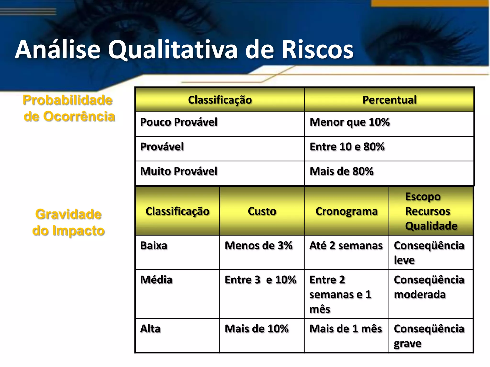 Análise Qualitativa de Riscos
Probabilidade              Classificação                   Percentual
de Ocorrência   Pouco Provável                    Menor que 10%

                Provável                          Entre 10 e 80%

                Muito Provável                    Mais de 80%

                                                                    Escopo
 Gravidade       Classificação         Custo       Cronograma       Recursos
 do Impacto                                                         Qualidade
                Baixa             Menos de 3%     Até 2 semanas Conseqüência
                                                                leve
                Média             Entre 3 e 10%   Entre 2          Conseqüência
                                                  semanas e 1      moderada
                                                  mês
                Alta              Mais de 10%     Mais de 1 mês Conseqüência
                                                                grave
 