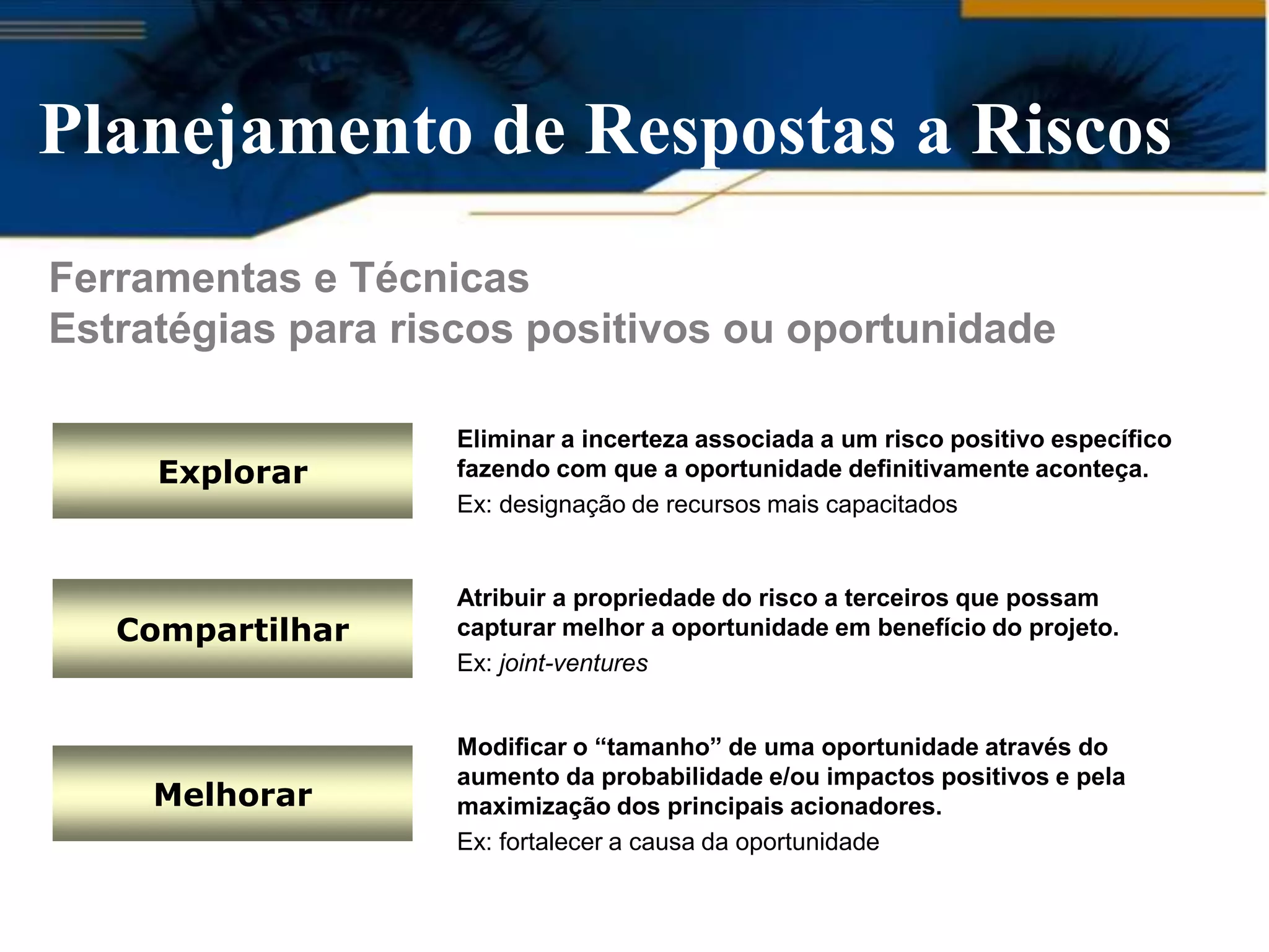 Planejamento de Respostas a Riscos
Ferramentas e Técnicas
Estratégias para riscos positivos ou oportunidade

                   Eliminar a incerteza associada a um risco positivo específico
     Explorar      fazendo com que a oportunidade definitivamente aconteça.
                   Ex: designação de recursos mais capacitados


                   Atribuir a propriedade do risco a terceiros que possam
   Compartilhar    capturar melhor a oportunidade em benefício do projeto.
                   Ex: joint-ventures


                   Modificar o “tamanho” de uma oportunidade através do
                   aumento da probabilidade e/ou impactos positivos e pela
     Melhorar      maximização dos principais acionadores.
                   Ex: fortalecer a causa da oportunidade
 