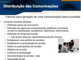 Distribuição das Comunicações

    Fatores para geração de uma comunicação bem-sucedida
• Conduzir reuniões eficazes:
   • Definição prévia de uma pauta;
   • Definição de regras de comportamento (telefones, prioridade
     na fala ou participação, paralelismo, diplomacia, democracia)
   • Definição do tempo da reunião
       • não devem demorar. Aproximadamente 60 minutos
   • Estabelecer uma política de reuniões
   • Estabelecer a necessidade da reunião
   • Definir os participantes da reunião
   • Objetivo da reunião
   • Incentivo à participação
   • Documentação da reunião - atas
   • Aprovação da ata
 
