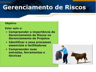 Gerenciamento de Riscos

Objetivo

Estar apto a:
• Compreender a importância do
  Gerenciamento de Riscos no
  Gerenciamento de Projetos
• Identificar e seus processos
  essenciais e facilitadores
• Compreender suas
  entradas, ferramentas e
  técnicas
 
